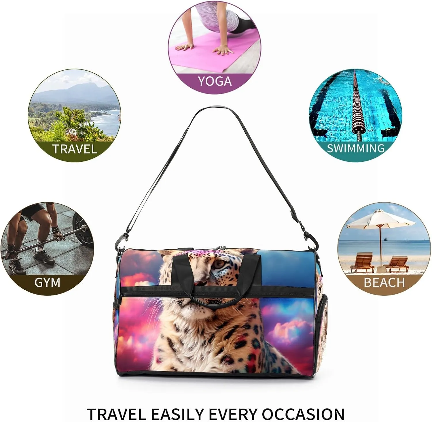 Gym Bag Women's Sports Yoga Bag - Fits up to 13.3" Laptop   Shoe Compartment, Overnight Weekender Bag Travel Bag, Dance Bag, Cheetah Cloud Rainbow - 1
