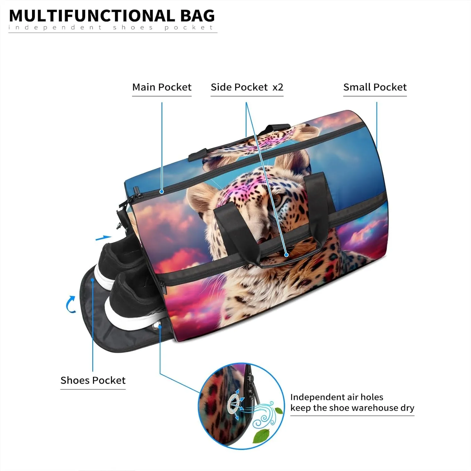 Gym Bag Women's Sports Yoga Bag - Fits up to 13.3" Laptop   Shoe Compartment, Overnight Weekender Bag Travel Bag, Dance Bag, Cheetah Cloud Rainbow - 1