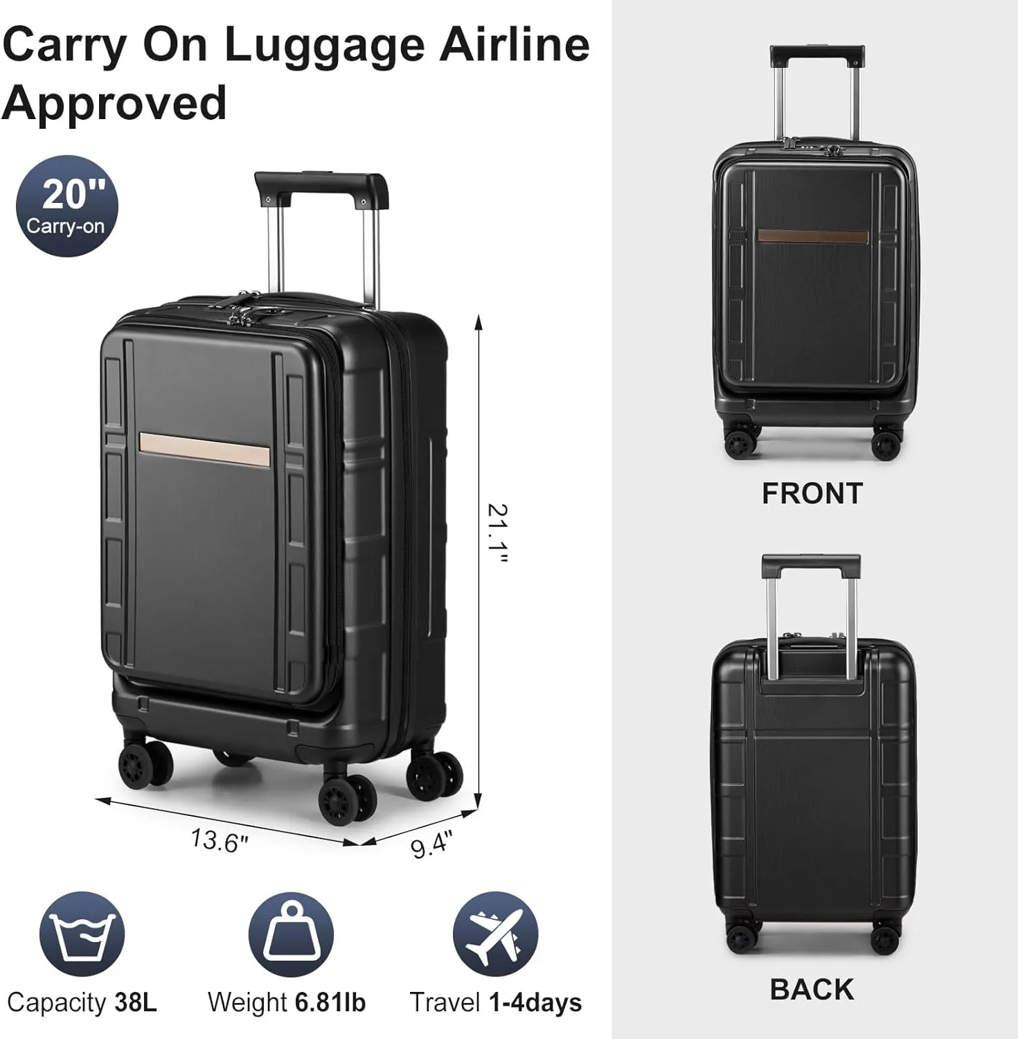 Hardside Carry on Luggage with Front Compartment, ABS PC Carry on Suitcase 22x14x9 Airline Approved, Rolling Lightweight Suitcase with Wheels & TSA Lock for Business Travel - Black, 20In