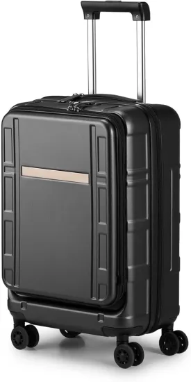 Hardside Carry on Luggage with Front Compartment, ABS PC Carry on Suitcase 22x14x9 Airline Approved, Rolling Lightweight Suitcase with Wheels & TSA Lock for Business Travel - Black, 20In