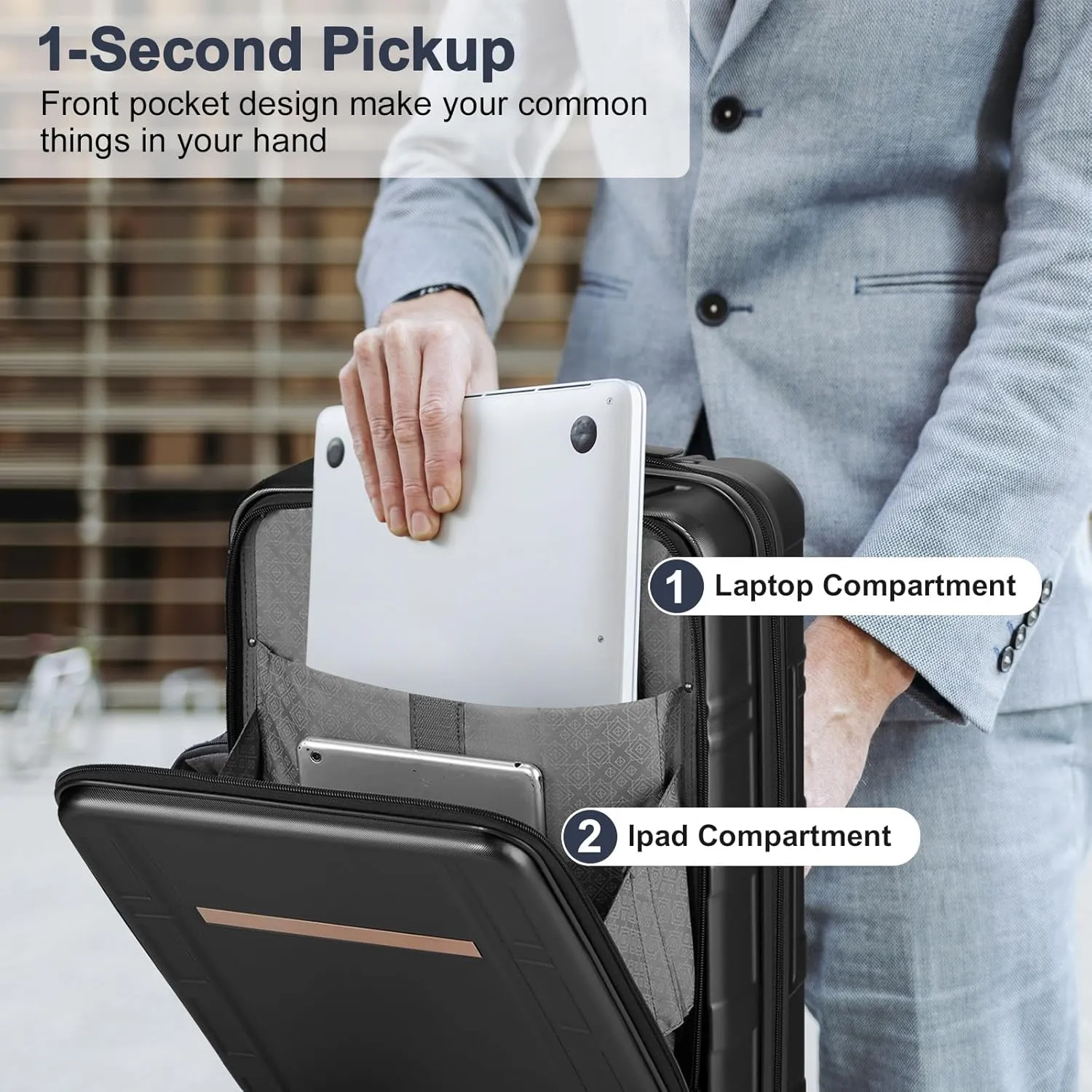 Hardside Carry on Luggage with Front Compartment, ABS PC Carry on Suitcase 22x14x9 Airline Approved, Rolling Lightweight Suitcase with Wheels & TSA Lock for Business Travel - Black, 20In