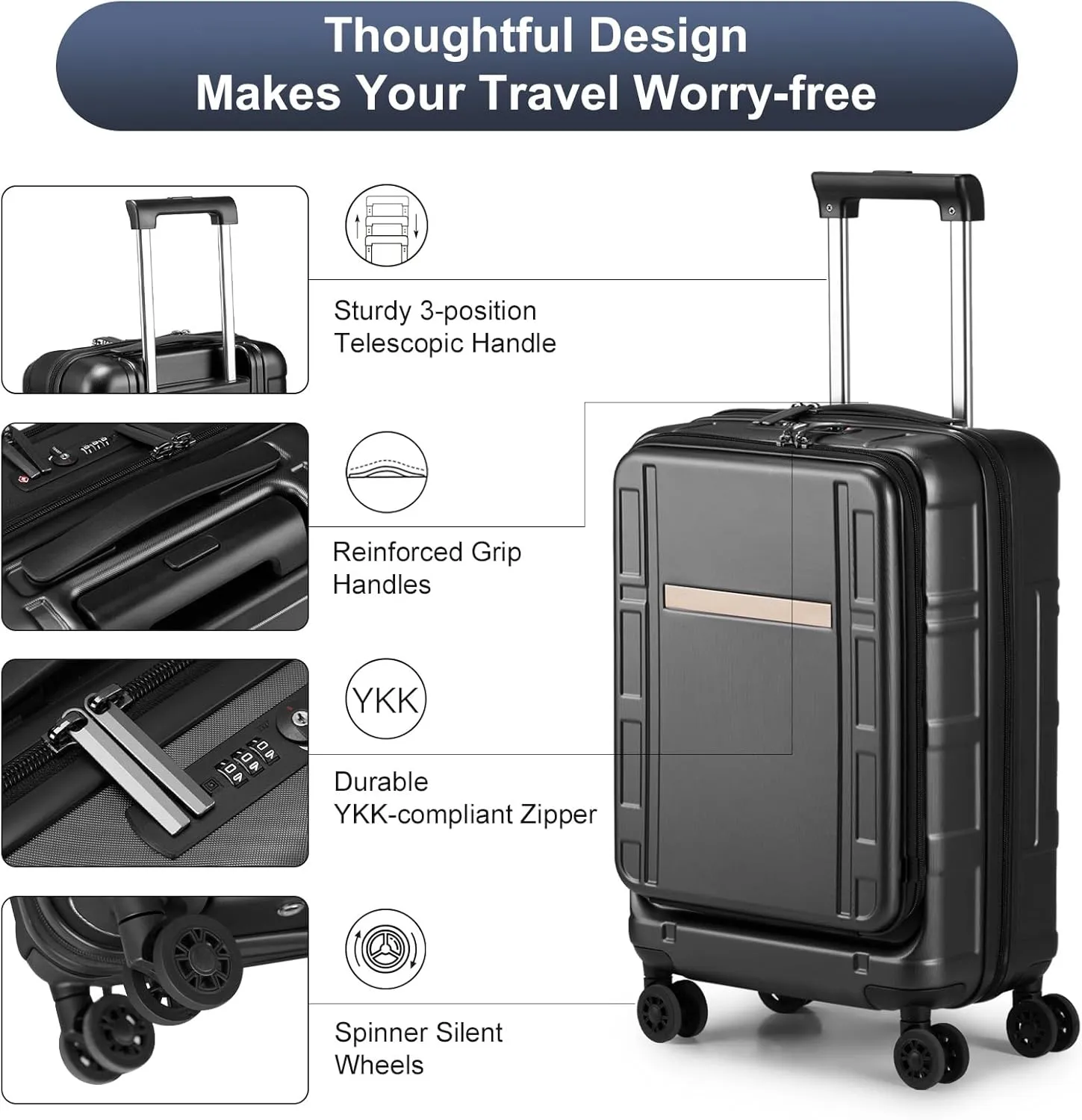 Hardside Carry on Luggage with Front Compartment, ABS PC Carry on Suitcase 22x14x9 Airline Approved, Rolling Lightweight Suitcase with Wheels & TSA Lock for Business Travel - Black, 20In