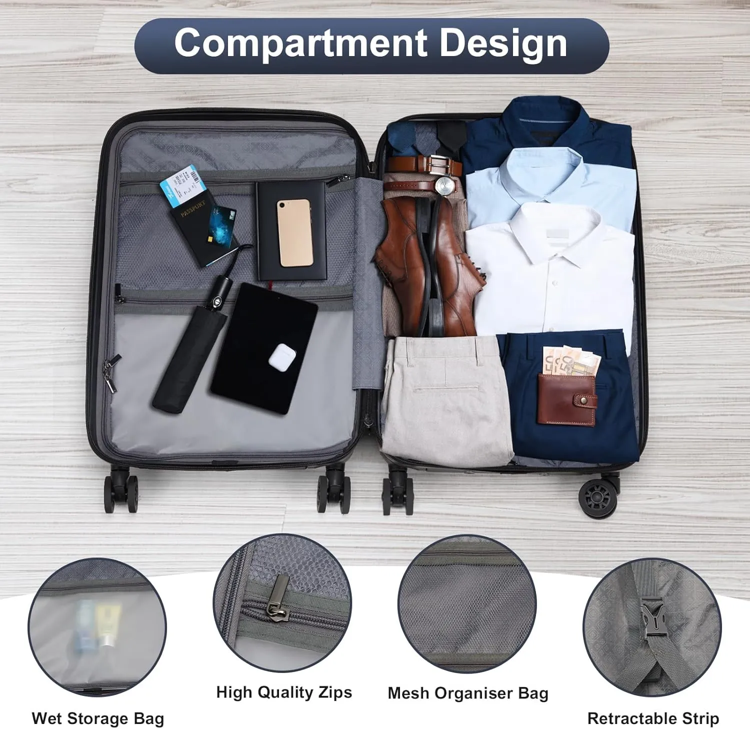 Hardside Carry on Luggage with Front Compartment, ABS PC Carry on Suitcase 22x14x9 Airline Approved, Rolling Lightweight Suitcase with Wheels & TSA Lock for Business Travel - Black, 20In