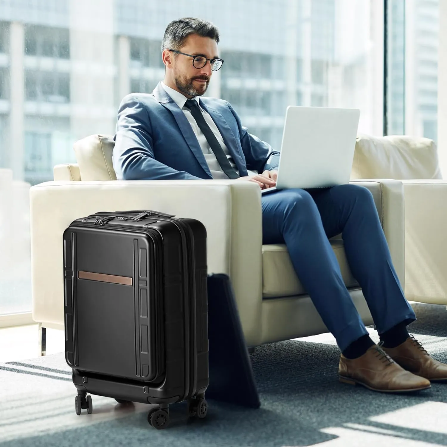 Hardside Carry on Luggage with Front Compartment, ABS PC Carry on Suitcase 22x14x9 Airline Approved, Rolling Lightweight Suitcase with Wheels & TSA Lock for Business Travel - Black, 20In
