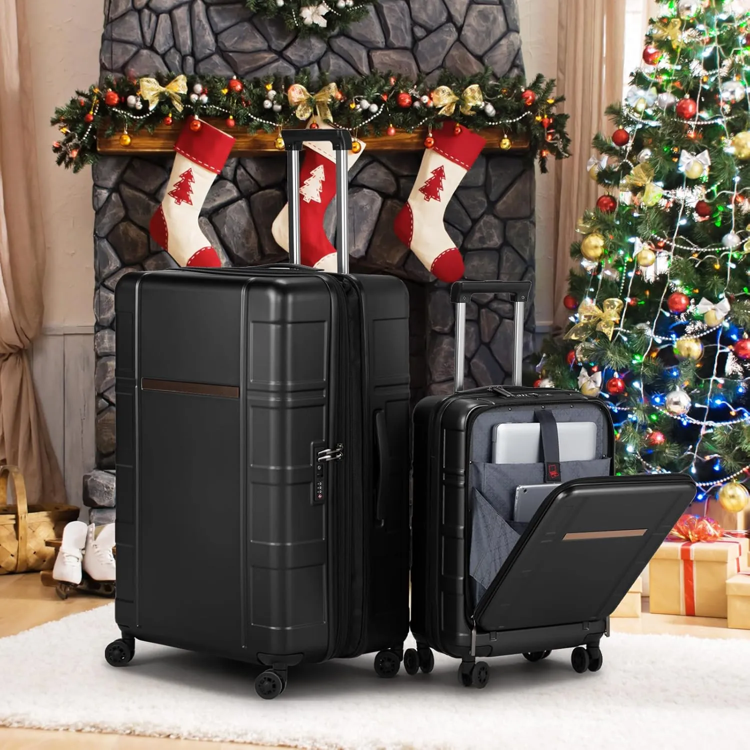 Hardside Carry on Luggage with Front Compartment, ABS PC Carry on Suitcase 22x14x9 Airline Approved, Rolling Lightweight Suitcase with Wheels & TSA Lock for Business Travel - Black, 20In