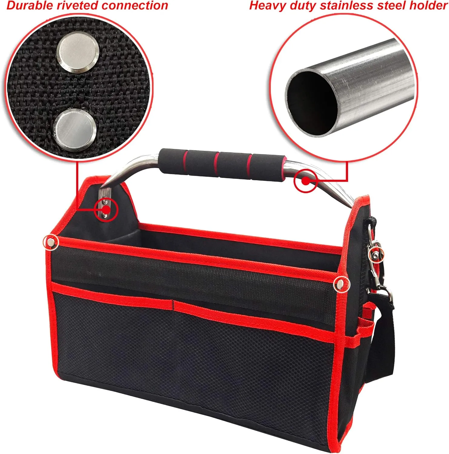 HAUTMEC 16 Inch Tool Bag, Foldable Tool Tote, Portable Open Top Tool Bag, Pro Electrician Tool Bag with Adjustable Shoulder Strap and 16-Pockets600D Water-Resistant and Wear-Resistant, TB0002