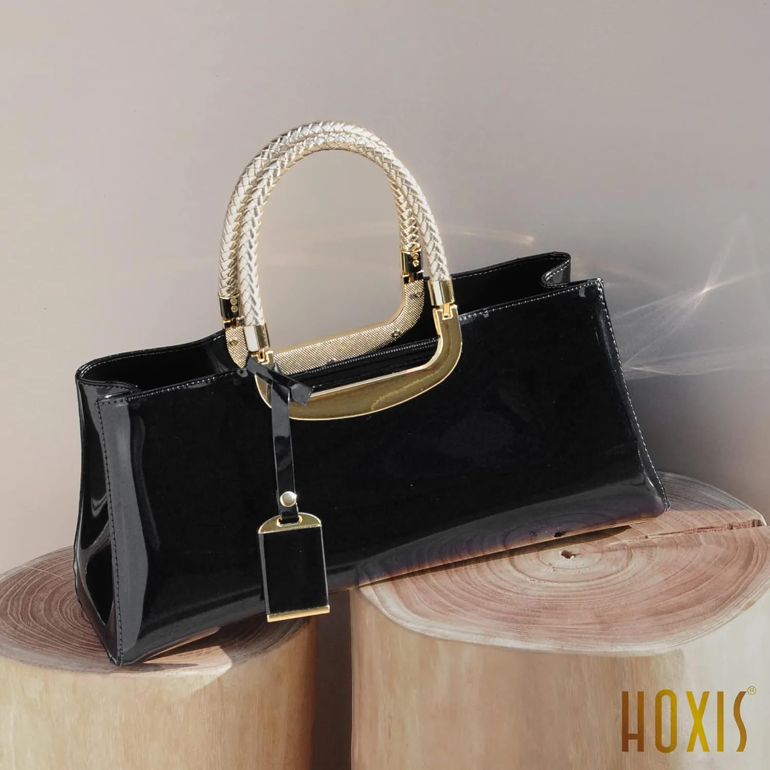HOXIS Glossy Faux Patent Leather Structured Shoulder Handbag Women Evening Party Satchel