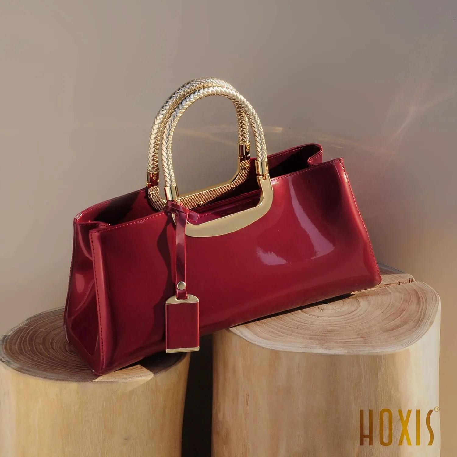 HOXIS Glossy Faux Patent Leather Structured Shoulder Handbag Women Evening Party Satchel