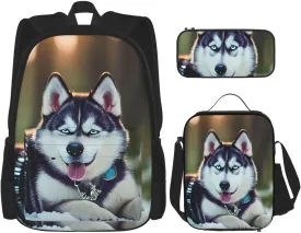 Husky Dog Print Pencil Case Lightweight Casual Fashion Backpack Lunch Bag Large Capacity Travel Bag