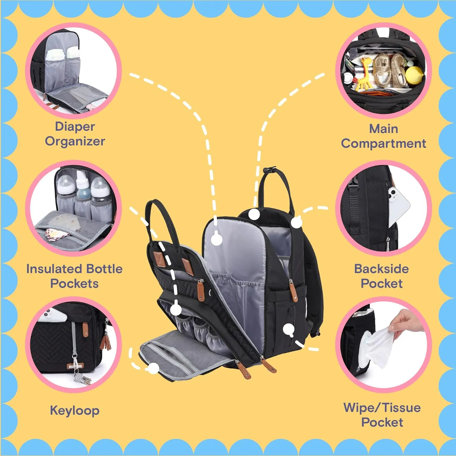 iniuniu Diaper Bag Backpack, 4 in 1 kit Large Unisex Baby Boys Girls Waterproof Travel Back Pack with Diaper Pouch, Washable Changing Pad, Pacifier Case and Stroller Straps, Black