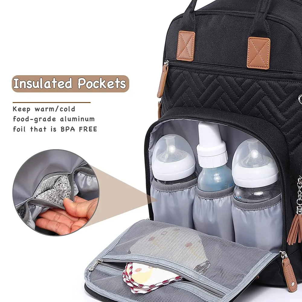 iniuniu Diaper Bag Backpack, 4 in 1 kit Large Unisex Baby Boys Girls Waterproof Travel Back Pack with Diaper Pouch, Washable Changing Pad, Pacifier Case and Stroller Straps, Black