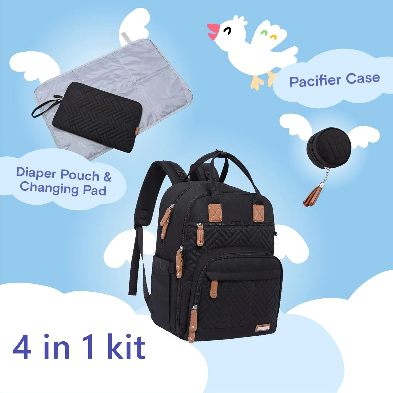 iniuniu Diaper Bag Backpack, 4 in 1 kit Large Unisex Baby Boys Girls Waterproof Travel Back Pack with Diaper Pouch, Washable Changing Pad, Pacifier Case and Stroller Straps, Black