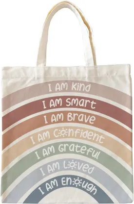 Kids Tote Bags for Girls, library Bag for Women Girl, Boho Neutral Rainbow, Tote Bag Gift for Teen Girls, I Am Kind I Am Smart I Am Brave