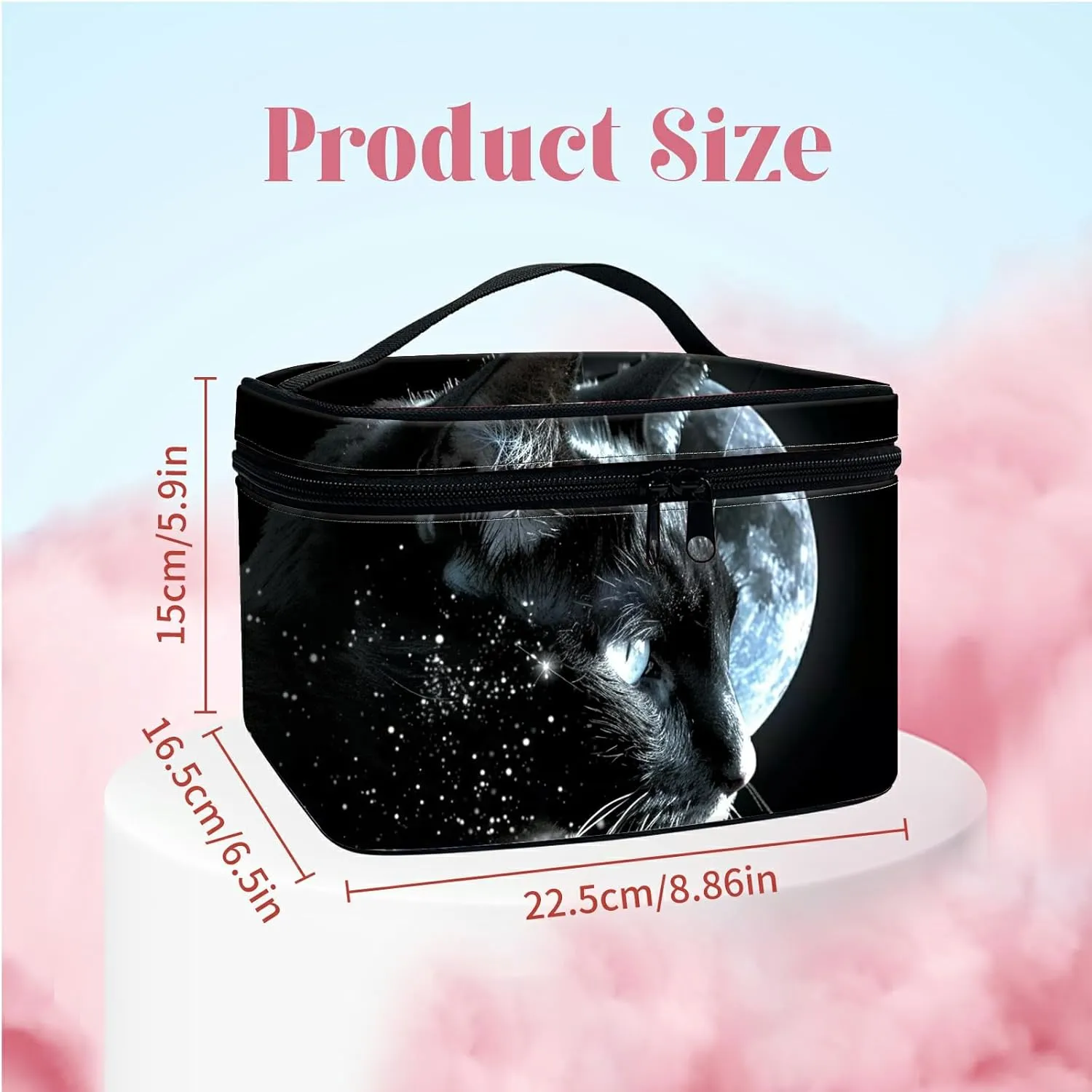 Large Capacity Makeup Bag with Brush Slot, Black Cat Moon Travel Portable Cosmetic Bag with Handle and Zipper, Women's Toiletry Storage Pouch Washable Waterproof Makeup Organizer Bag