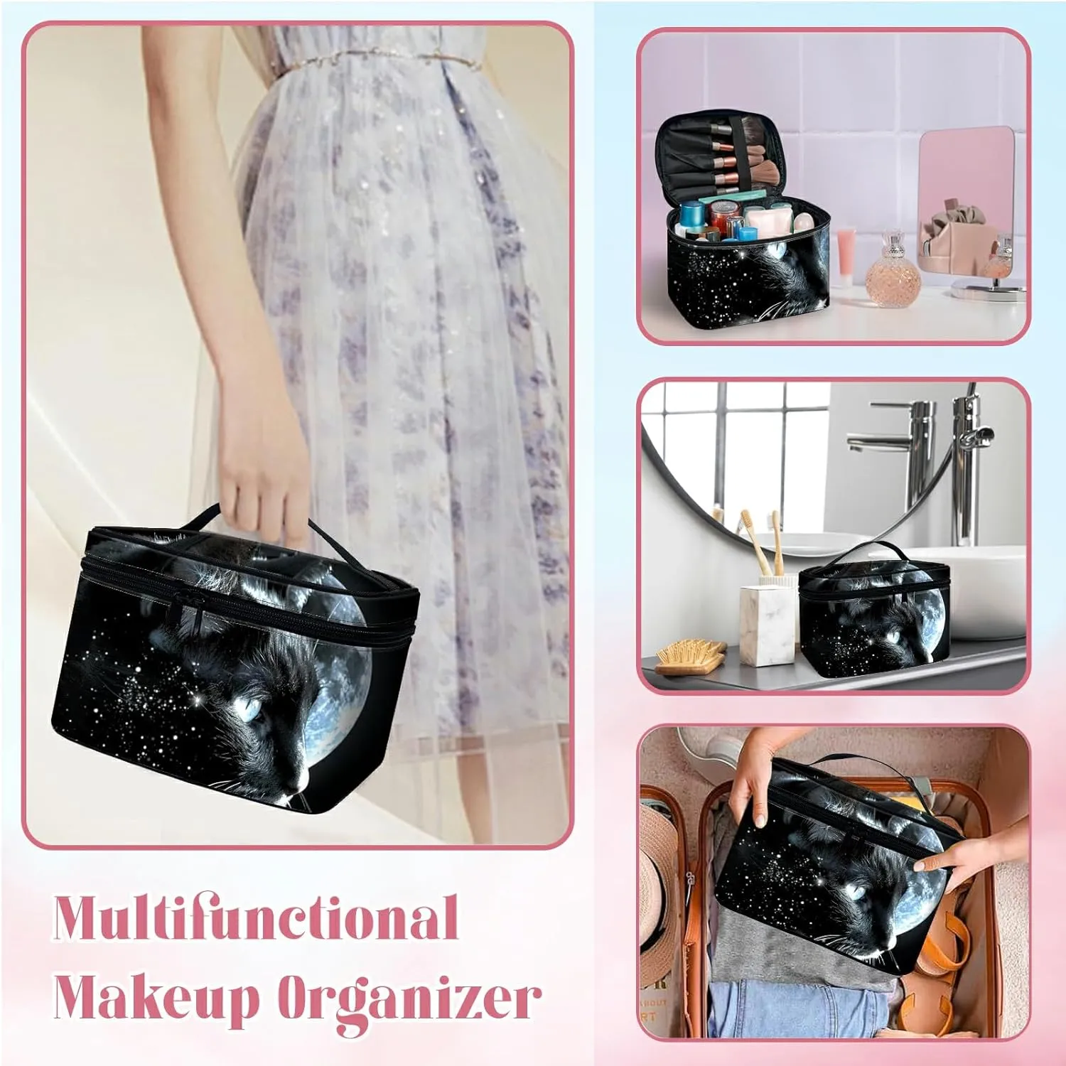 Large Capacity Makeup Bag with Brush Slot, Black Cat Moon Travel Portable Cosmetic Bag with Handle and Zipper, Women's Toiletry Storage Pouch Washable Waterproof Makeup Organizer Bag