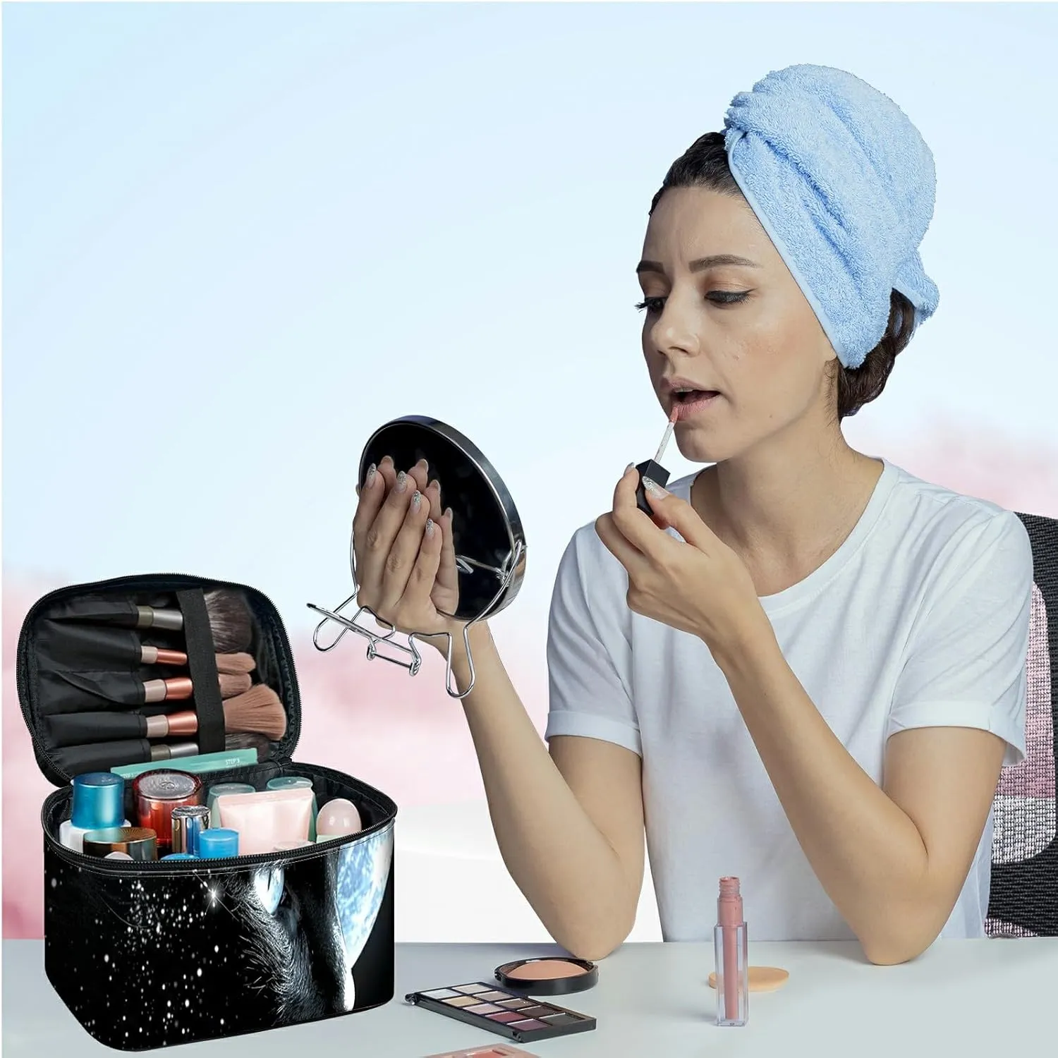 Large Capacity Makeup Bag with Brush Slot, Black Cat Moon Travel Portable Cosmetic Bag with Handle and Zipper, Women's Toiletry Storage Pouch Washable Waterproof Makeup Organizer Bag