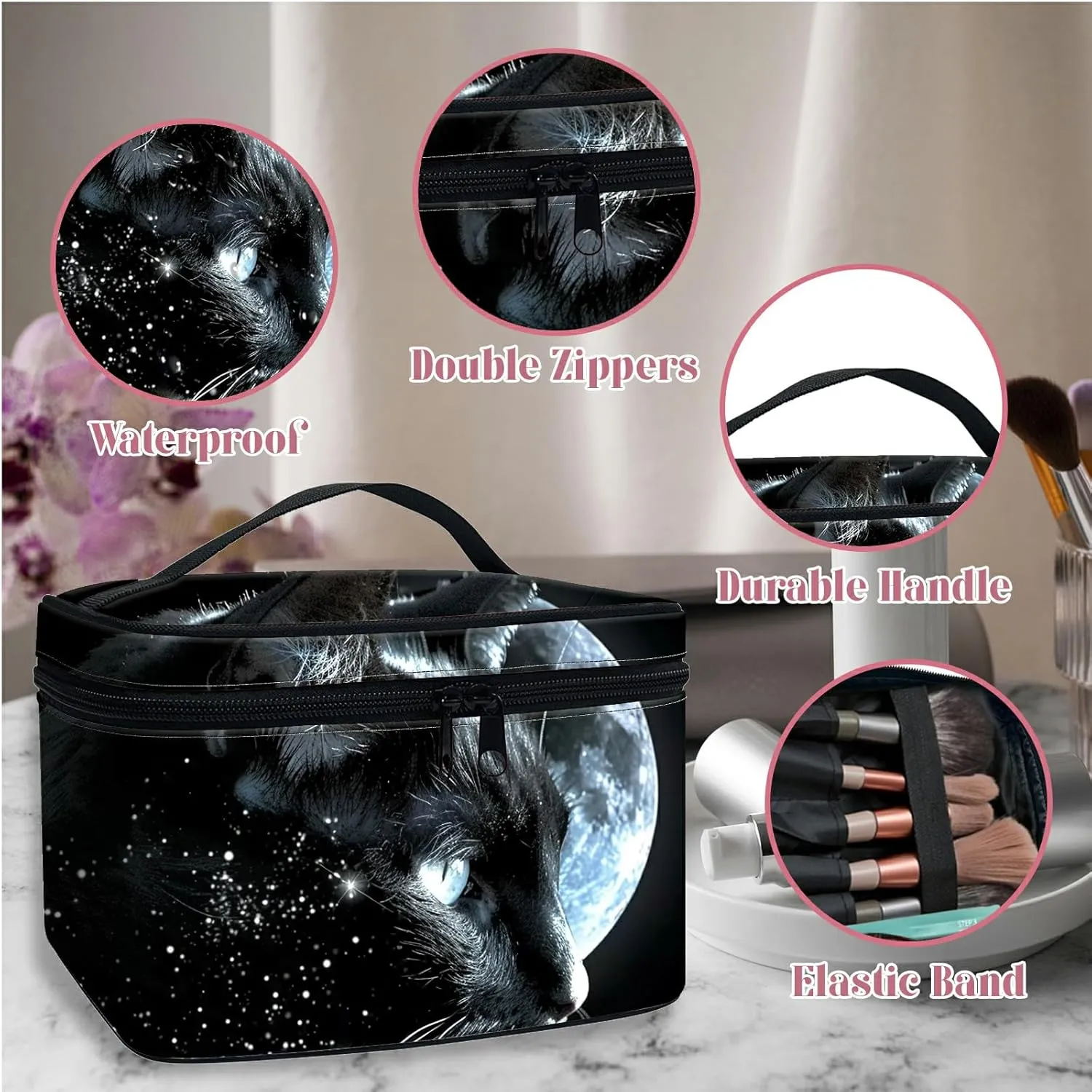 Large Capacity Makeup Bag with Brush Slot, Black Cat Moon Travel Portable Cosmetic Bag with Handle and Zipper, Women's Toiletry Storage Pouch Washable Waterproof Makeup Organizer Bag