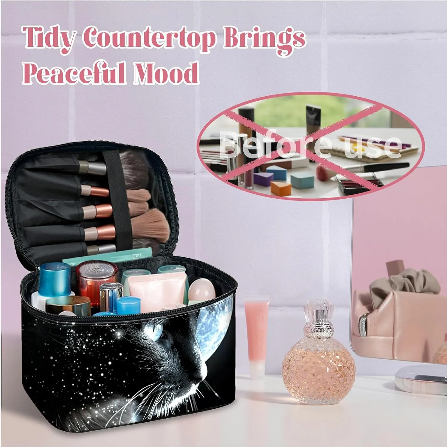 Large Capacity Makeup Bag with Brush Slot, Black Cat Moon Travel Portable Cosmetic Bag with Handle and Zipper, Women's Toiletry Storage Pouch Washable Waterproof Makeup Organizer Bag