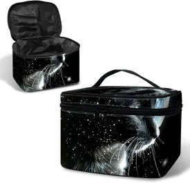 Large Capacity Makeup Bag with Brush Slot, Black Cat Moon Travel Portable Cosmetic Bag with Handle and Zipper, Women's Toiletry Storage Pouch Washable Waterproof Makeup Organizer Bag