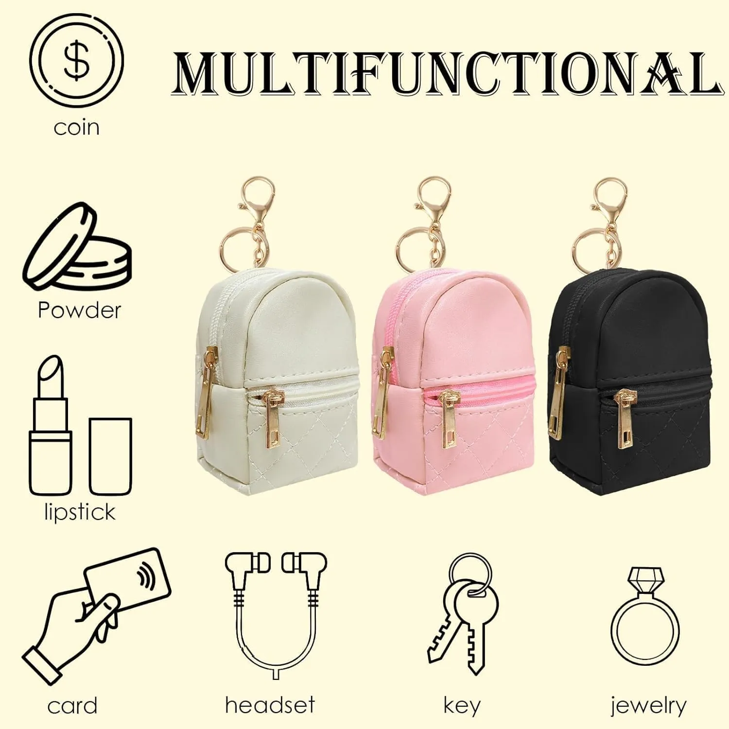 LYDZTION 3Pcs Mini Backpack Cute Cosmetic Bag for Women,PU Leather Makeup Bag Key Pocket Lipstick Bag Card Holder Data Cable Organizer Zipper Pouch,Black Beige Pink