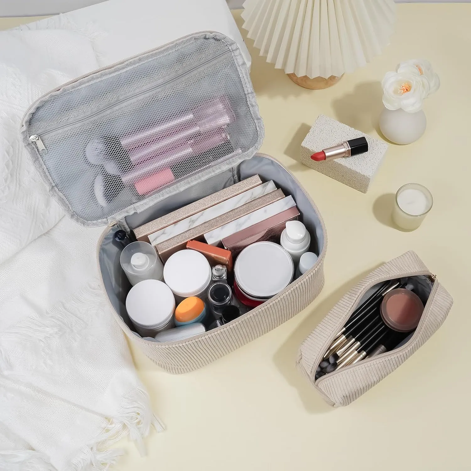 MAGEFY 2Pcs Makeup Bag,Cosmetic Bag Large Capacity with Handle Small Makeup Bag for Purse, Travel Makeup Pouch for Women,Beige