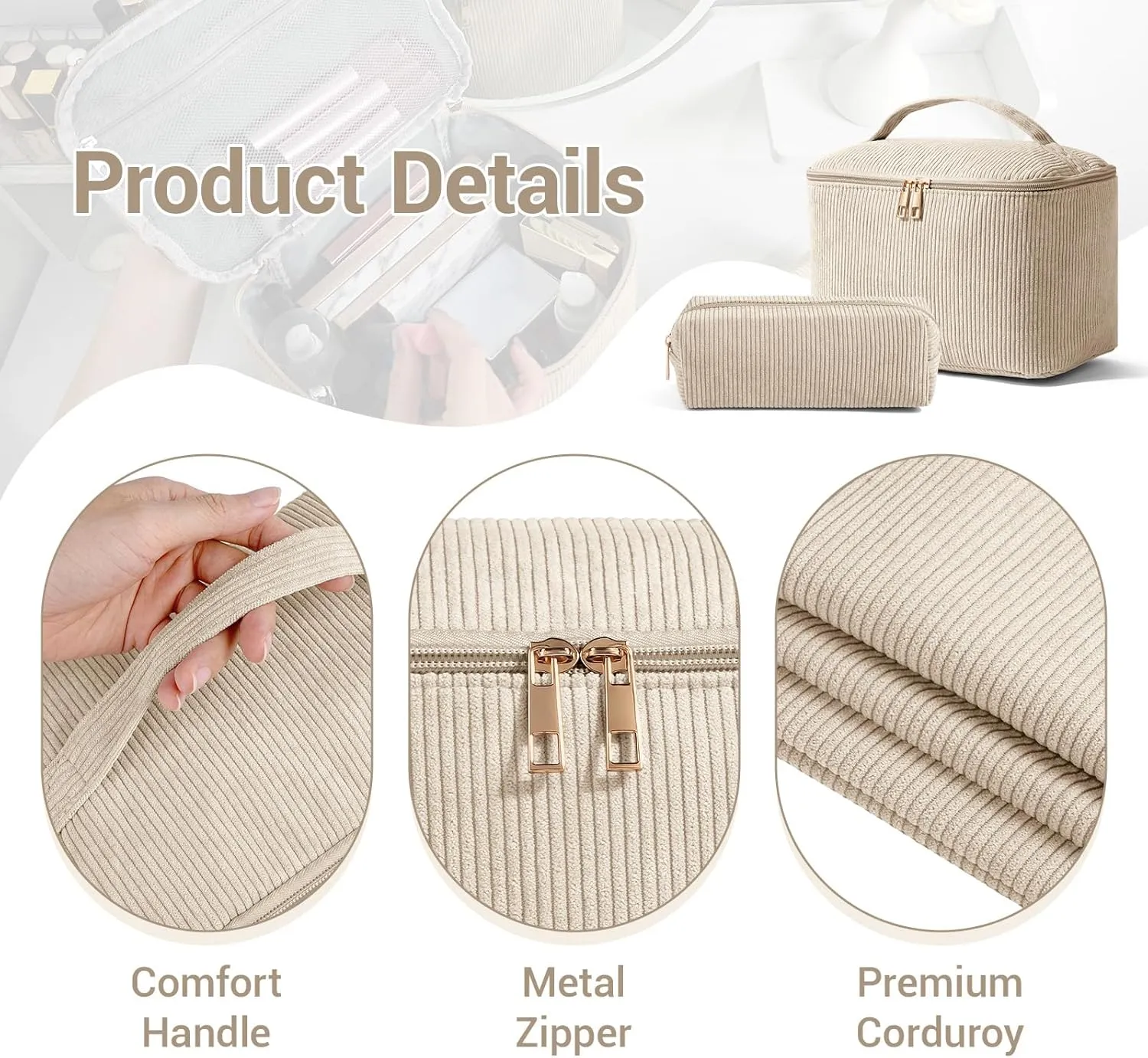 MAGEFY 2Pcs Makeup Bag,Cosmetic Bag Large Capacity with Handle Small Makeup Bag for Purse, Travel Makeup Pouch for Women,Beige