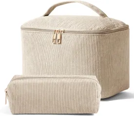 MAGEFY 2Pcs Makeup Bag,Cosmetic Bag Large Capacity with Handle Small Makeup Bag for Purse, Travel Makeup Pouch for Women,Beige
