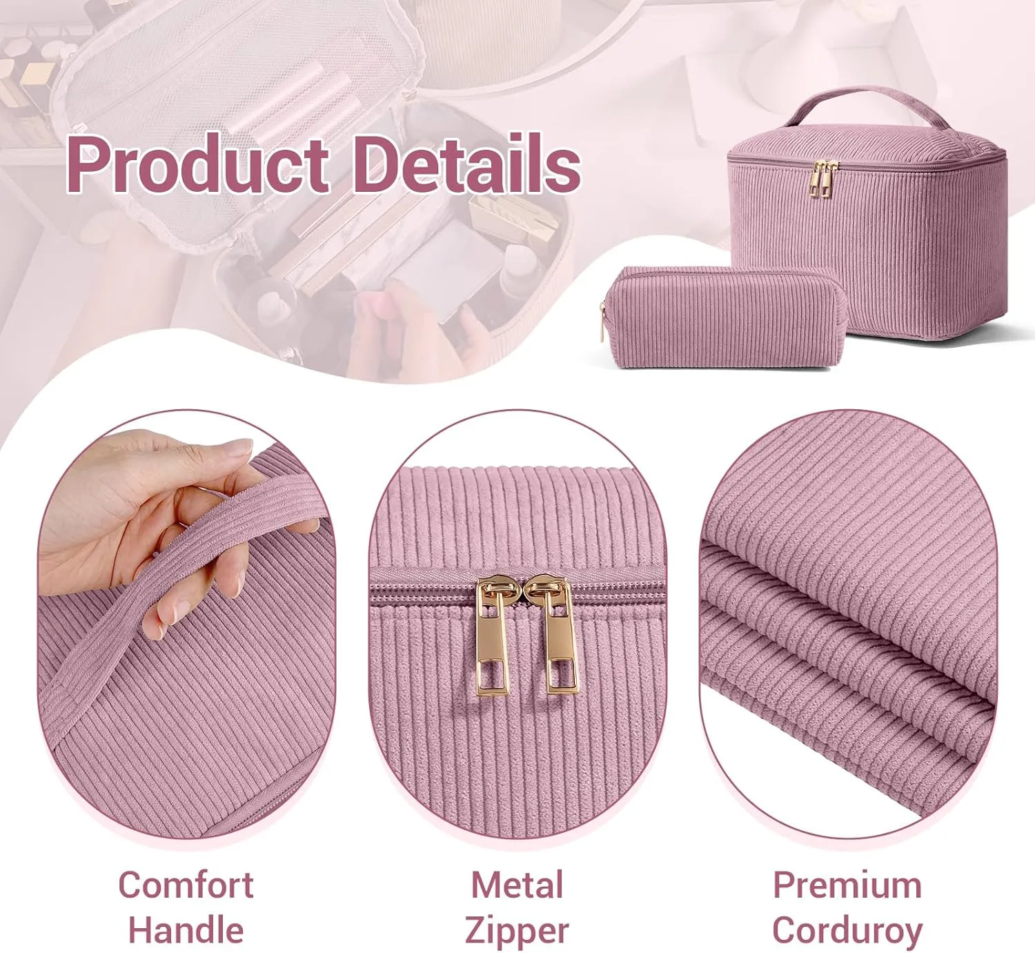 MAGEFY Makeup Bag Cosmetic Bag Large Capacity with Handle Make Up Bags with Mesh Pocket, Travel Makeup Bag for Women,Pink