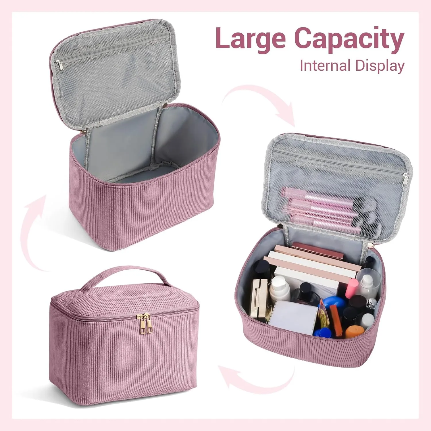 MAGEFY Makeup Bag Cosmetic Bag Large Capacity with Handle Make Up Bags with Mesh Pocket, Travel Makeup Bag for Women,Pink