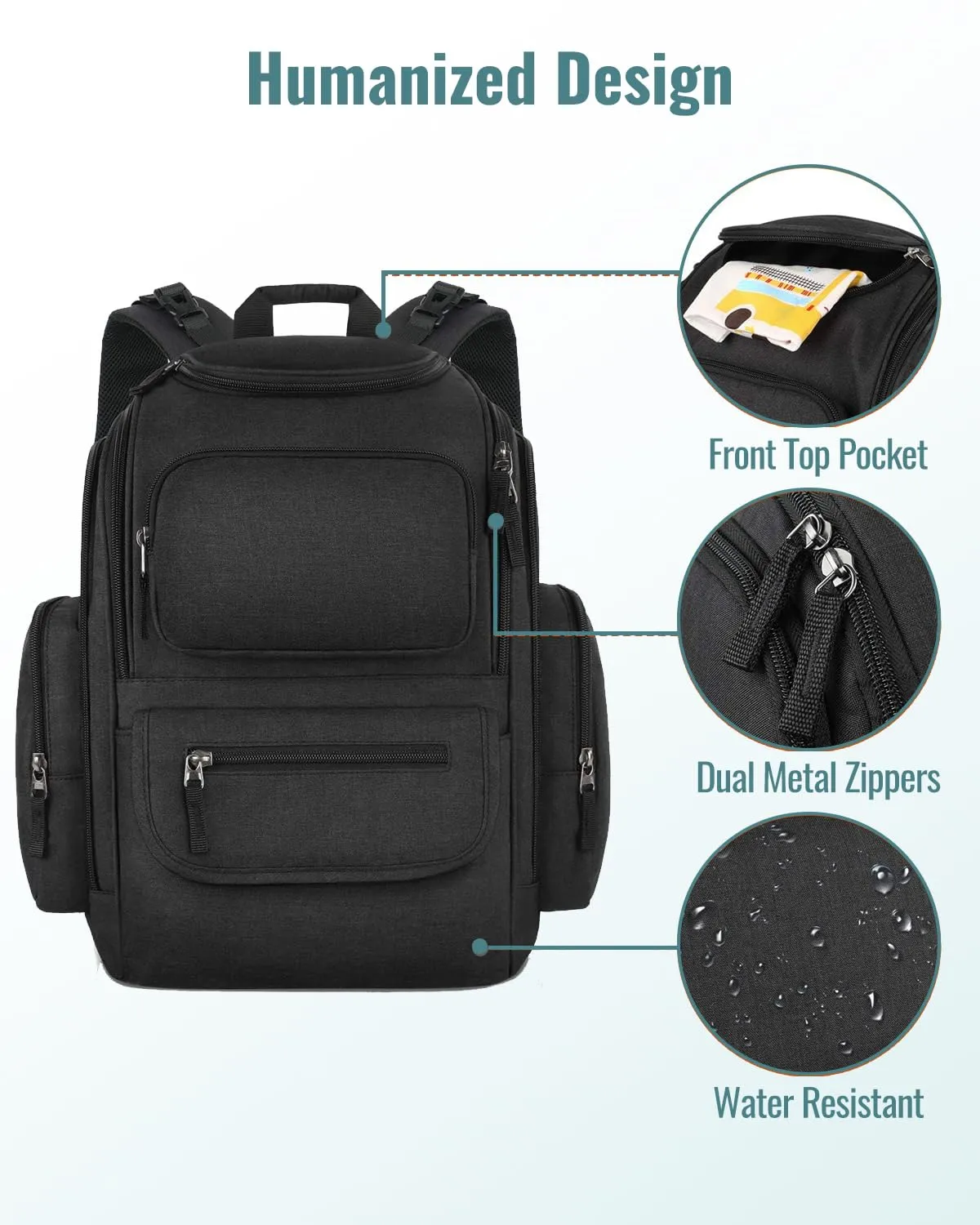 Mancro Diaper Bag Backpack, Extra Large Capacity Baby Diaper Backpack with 2 Insulated Pockets and Stroller Strap, Water Resistant Mens Diaper Bag for TravelBlack