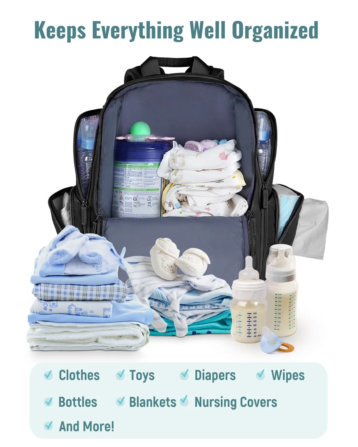 Mancro Diaper Bag Backpack, Extra Large Capacity Baby Diaper Backpack with 2 Insulated Pockets and Stroller Strap, Water Resistant Mens Diaper Bag for TravelBlack
