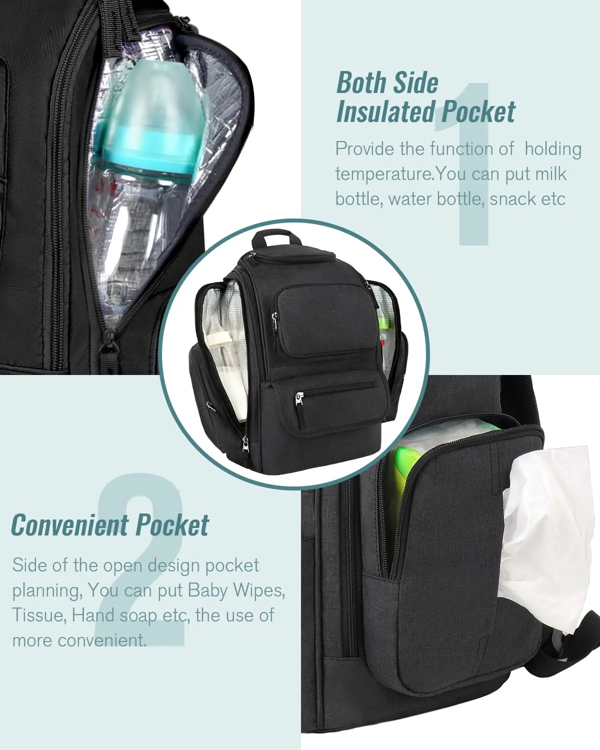 Mancro Diaper Bag Backpack, Extra Large Capacity Baby Diaper Backpack with 2 Insulated Pockets and Stroller Strap, Water Resistant Mens Diaper Bag for TravelBlack