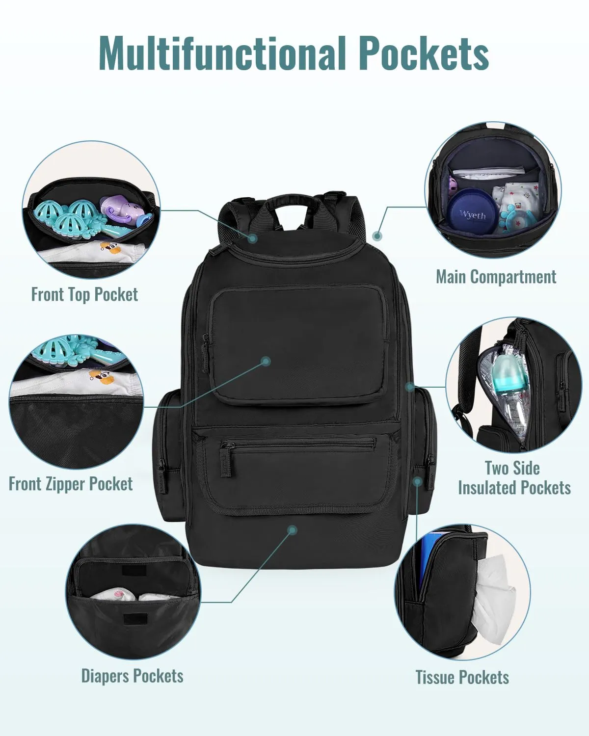 Mancro Diaper Bag Backpack, Extra Large Capacity Baby Diaper Backpack with 2 Insulated Pockets and Stroller Strap, Water Resistant Mens Diaper Bag for TravelBlack