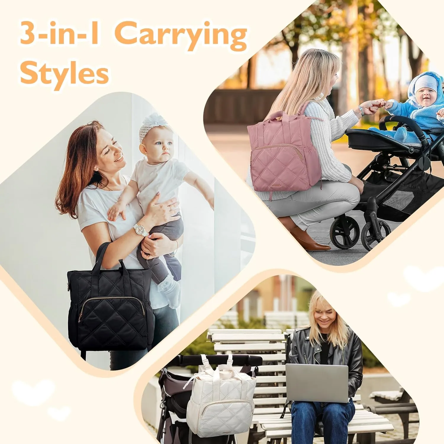 mommore Quilted Diaper Bag Backpack, Small Baby Bags, Lightweight Mini Diaper Backpack for Travel, with Insulated Pockets, Changing Pad (Pink)