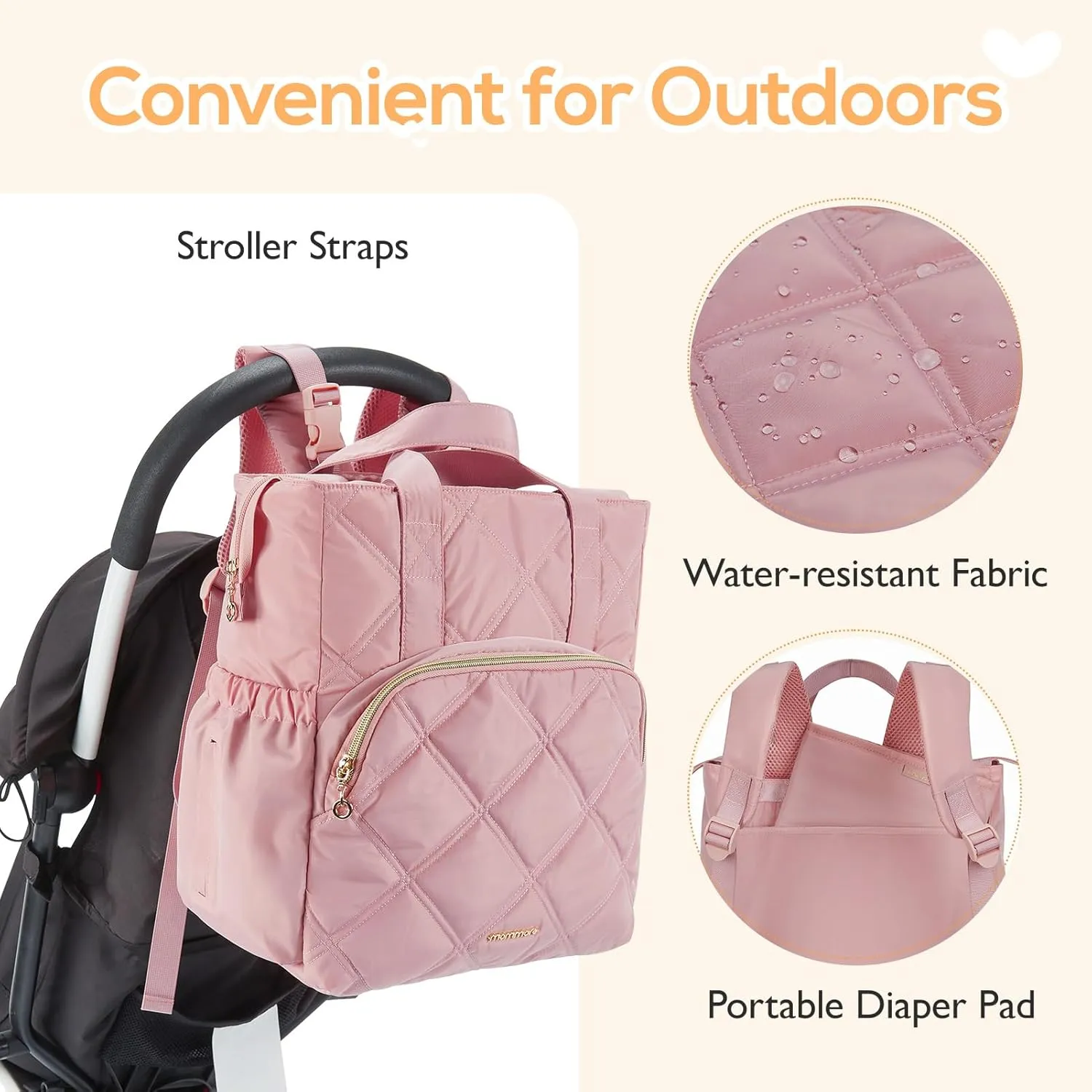 mommore Quilted Diaper Bag Backpack, Small Baby Bags, Lightweight Mini Diaper Backpack for Travel, with Insulated Pockets, Changing Pad (Pink)