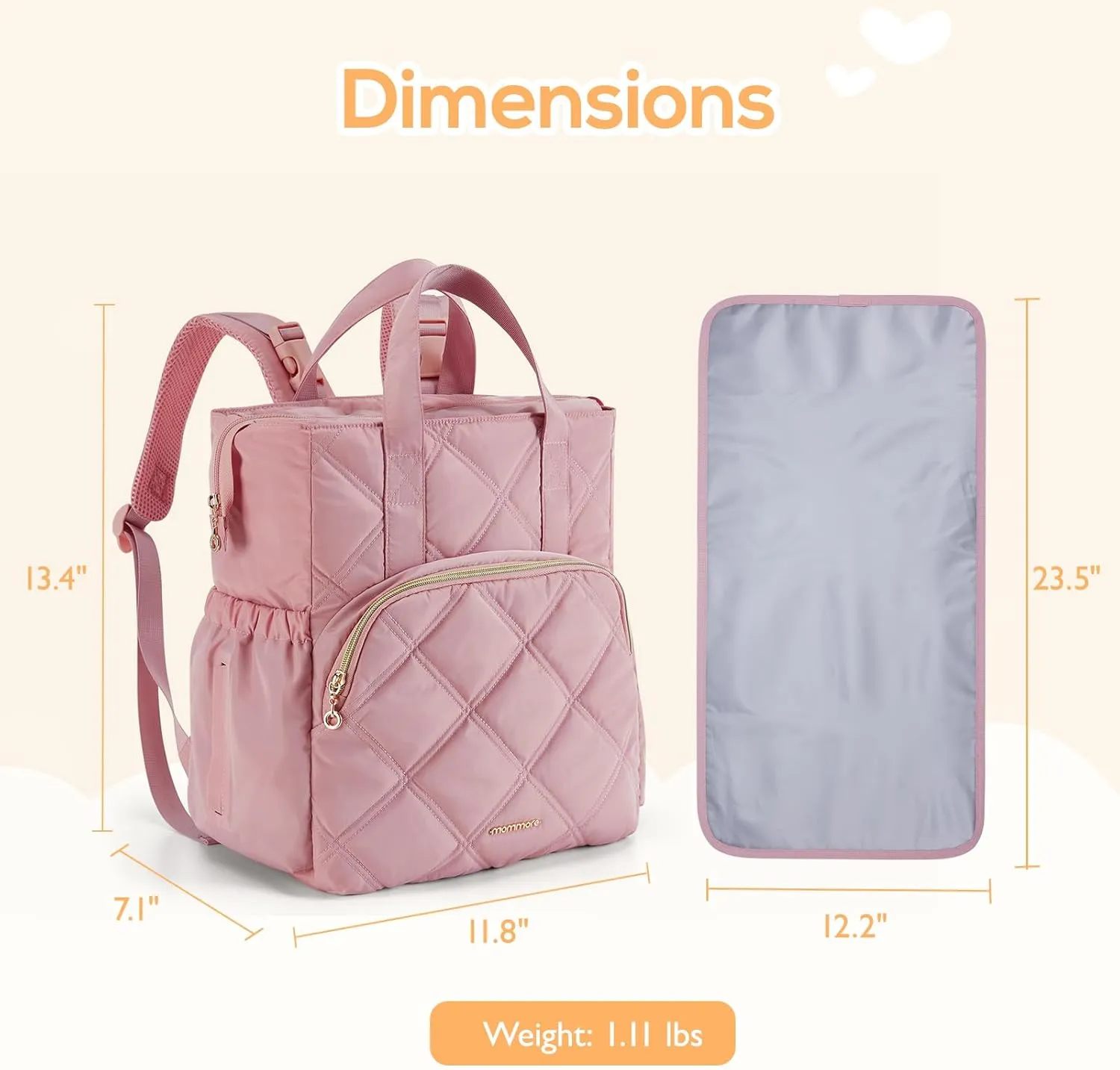 mommore Quilted Diaper Bag Backpack, Small Baby Bags, Lightweight Mini Diaper Backpack for Travel, with Insulated Pockets, Changing Pad (Pink)