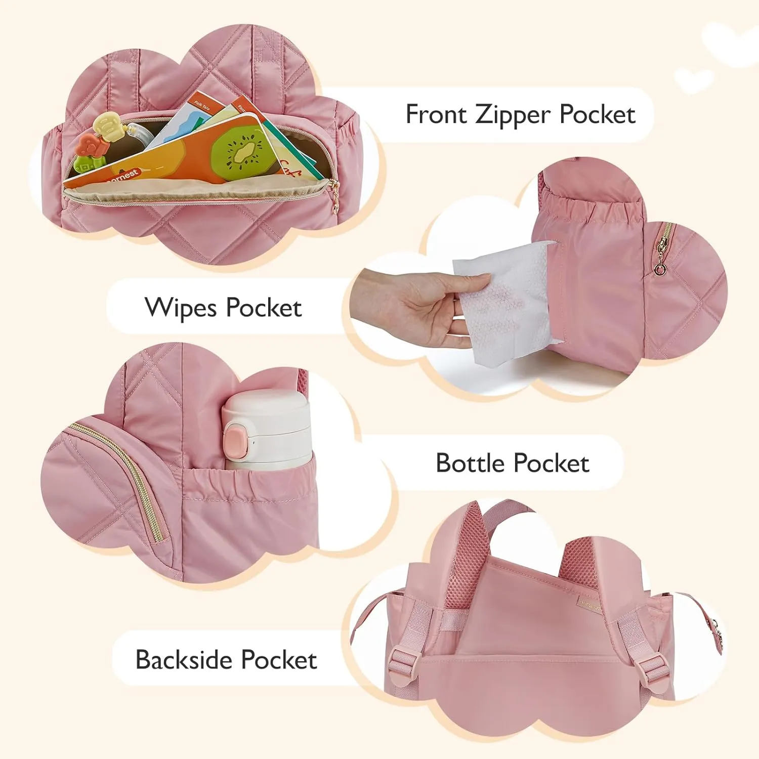 mommore Quilted Diaper Bag Backpack, Small Baby Bags, Lightweight Mini Diaper Backpack for Travel, with Insulated Pockets, Changing Pad (Pink)
