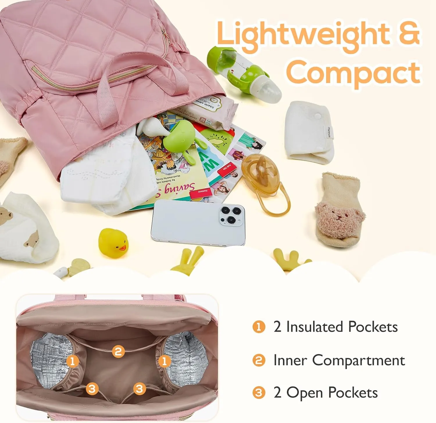 mommore Quilted Diaper Bag Backpack, Small Baby Bags, Lightweight Mini Diaper Backpack for Travel, with Insulated Pockets, Changing Pad (Pink)