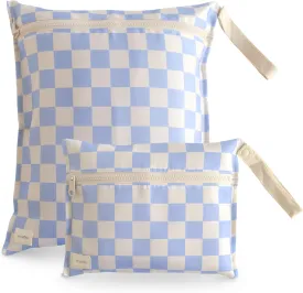 mushie Water Resistant Wet Bags | Large & Small Reusable Storage Bag for Baby Items and Travel | Zippered Pockets with Handle | Machine Washable, Set of 2 (Blue Check)