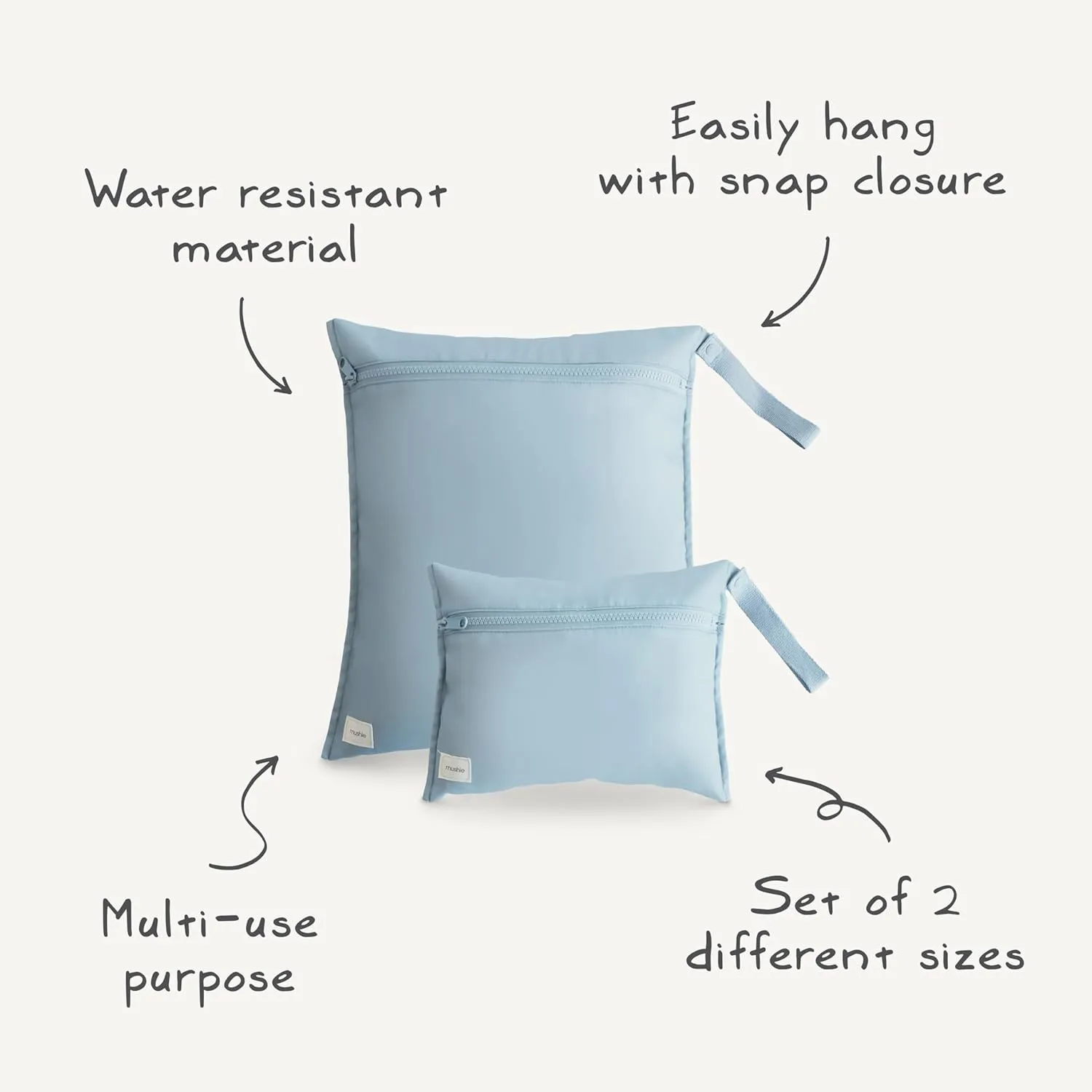 mushie Water Resistant Wet Bags | Large & Small Reusable Storage Bag for Baby Items and Travel | Zippered Pockets with Handle | Machine Washable, Set of 2 (Blue Check)