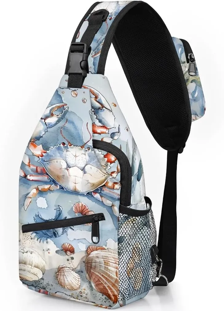 Nautical Coastal Sling Bag for Women Men Fanny Pack Small Sling Backpack Crab Starfish Seashell Crossbody Bag Chest Bag Casual Daypack for Work Travel Hiking