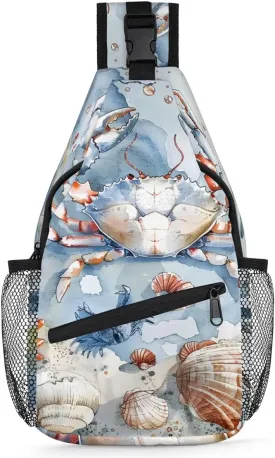 Nautical Coastal Sling Bag for Women Men Fanny Pack Small Sling Backpack Crab Starfish Seashell Crossbody Bag Chest Bag Casual Daypack for Work Travel Hiking