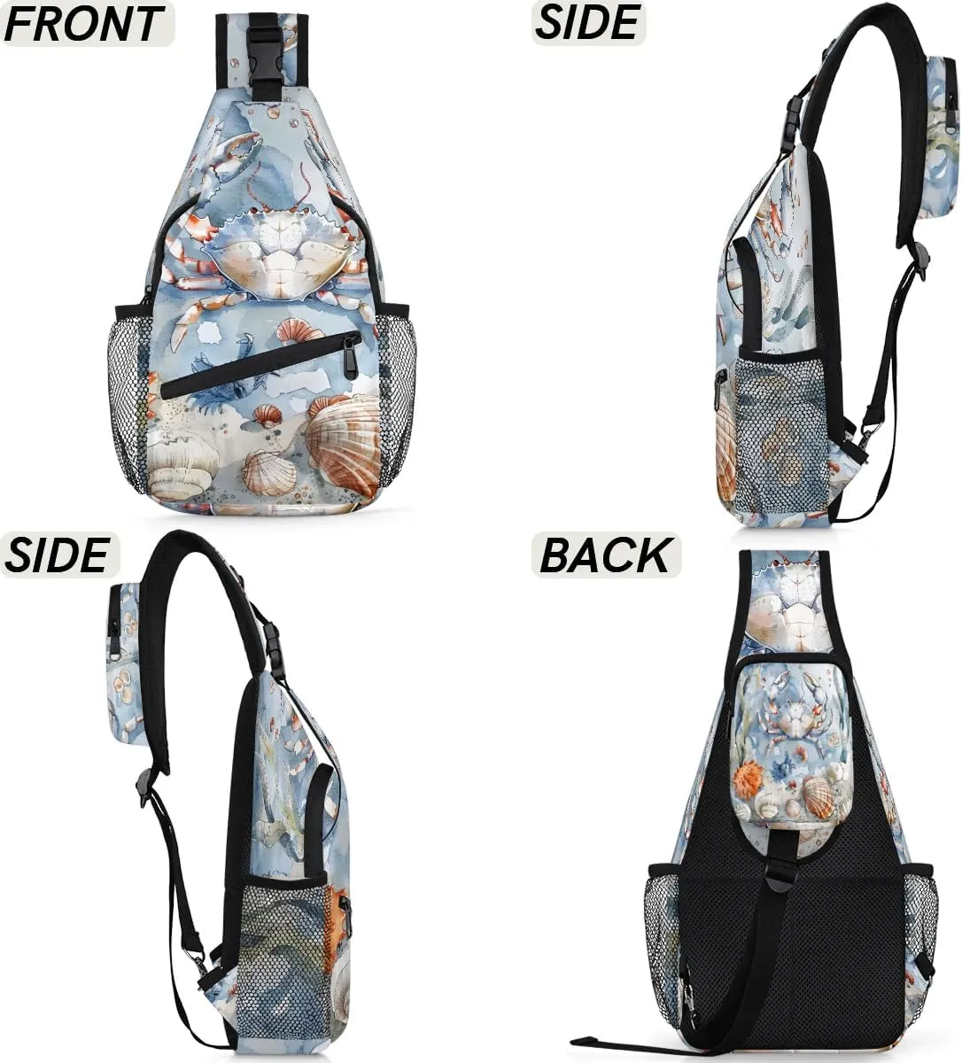 Nautical Coastal Sling Bag for Women Men Fanny Pack Small Sling Backpack Crab Starfish Seashell Crossbody Bag Chest Bag Casual Daypack for Work Travel Hiking