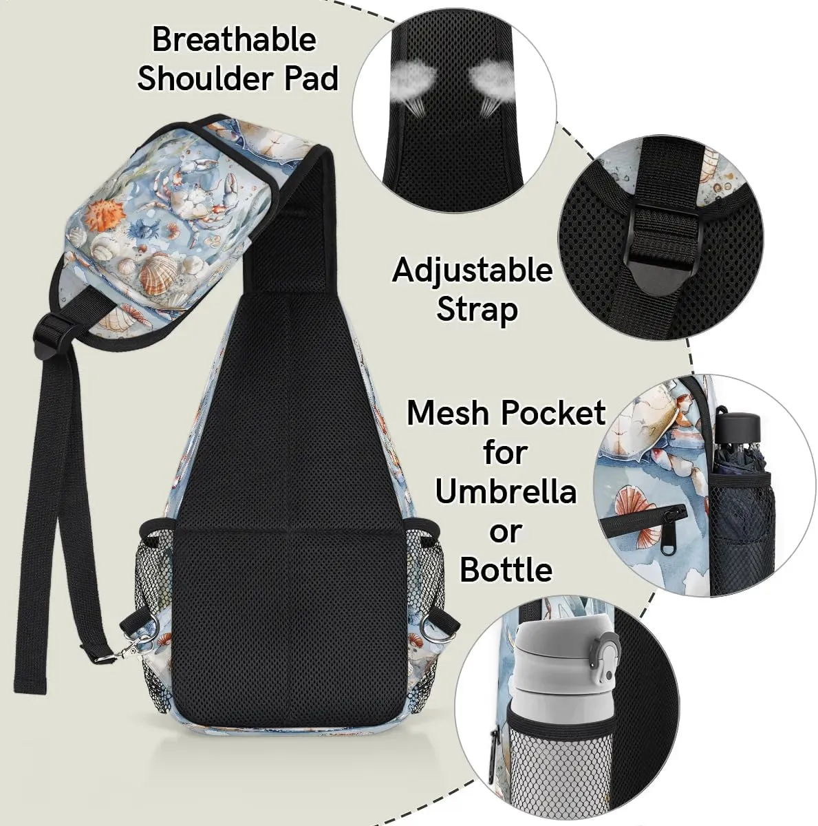 Nautical Coastal Sling Bag for Women Men Fanny Pack Small Sling Backpack Crab Starfish Seashell Crossbody Bag Chest Bag Casual Daypack for Work Travel Hiking