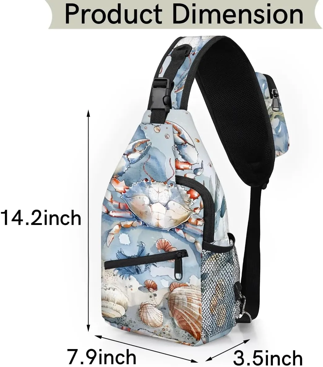 Nautical Coastal Sling Bag for Women Men Fanny Pack Small Sling Backpack Crab Starfish Seashell Crossbody Bag Chest Bag Casual Daypack for Work Travel Hiking