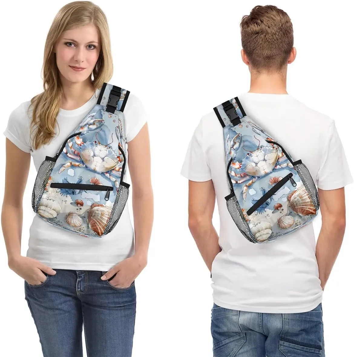 Nautical Coastal Sling Bag for Women Men Fanny Pack Small Sling Backpack Crab Starfish Seashell Crossbody Bag Chest Bag Casual Daypack for Work Travel Hiking