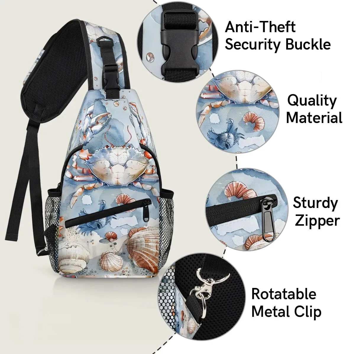 Nautical Coastal Sling Bag for Women Men Fanny Pack Small Sling Backpack Crab Starfish Seashell Crossbody Bag Chest Bag Casual Daypack for Work Travel Hiking