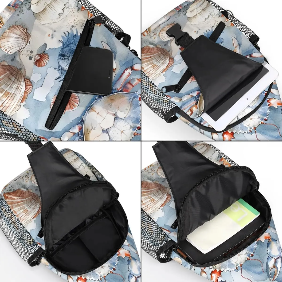 Nautical Coastal Sling Bag for Women Men Fanny Pack Small Sling Backpack Crab Starfish Seashell Crossbody Bag Chest Bag Casual Daypack for Work Travel Hiking