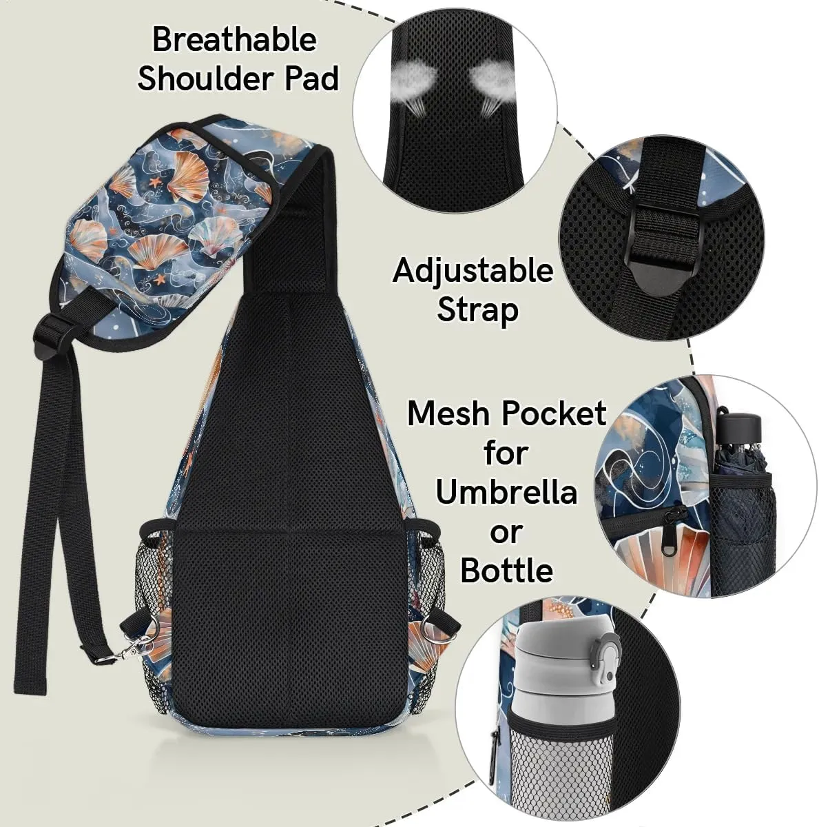 Nautical Sling Bag for Women Men Fanny Pack Small Sling Backpack Seashells Crossbody Bag Chest Bag Casual Daypack for Work Travel Hiking
