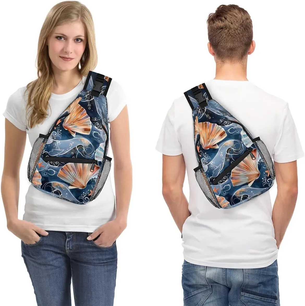Nautical Sling Bag for Women Men Fanny Pack Small Sling Backpack Seashells Crossbody Bag Chest Bag Casual Daypack for Work Travel Hiking
